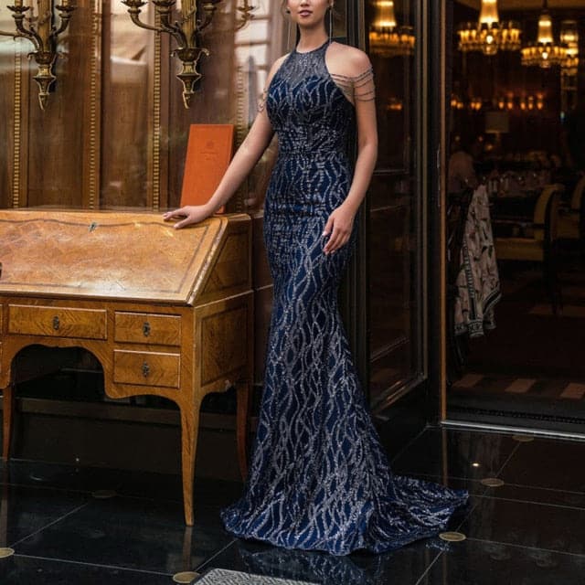 Long Train Mermaid Sleeveless Evening Party Sling Dress