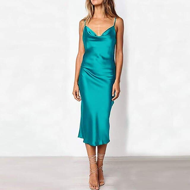 Women's Solid Color Simulation Silk Slim Dress Banquet Halter A Line Mini Dress Wrap Sundress Robe