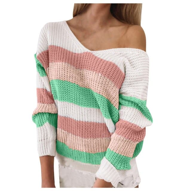 Womens Fashion Long-sleeved V-neck Loose Stitching Sweater