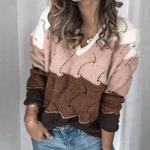 Color Block Stripe V-Neck Sweater Long Sleeve Knit Pullover FallWinter Fashion Sweatshirt Top Sweater Tops