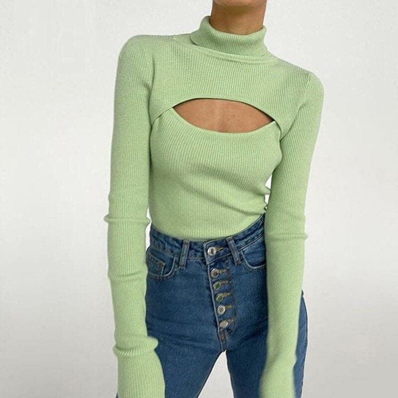 Women's Long Sleeve Slim Turtleneck Pullovers Autumn New Solid Hollow Out Fashion Sweater Ladies Ofiice Lady Clothes