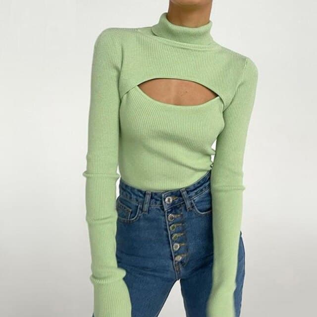 Women's Long Sleeve Slim Turtleneck Pullovers Autumn New Solid Hollow Out Fashion Sweater Ladies Ofiice Lady Clothes