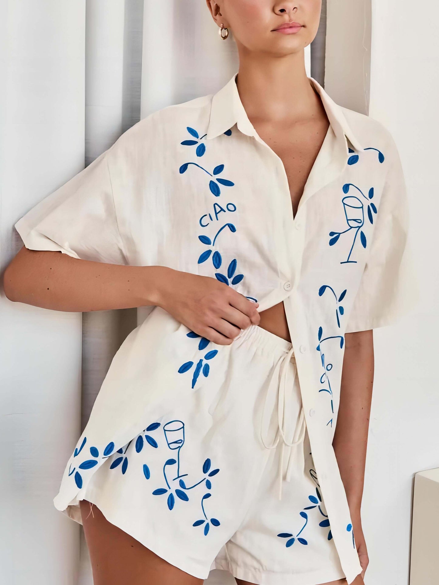 Square Collar Loose-Fitting Drop Sleeve Short Set