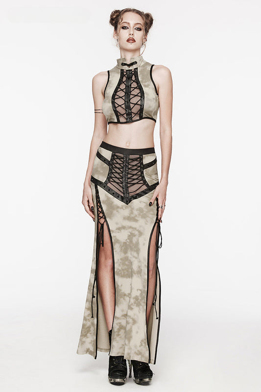 Women's Daily See-through Mesh Drawstring Rope Slit Gothic Personalized Long Skirt