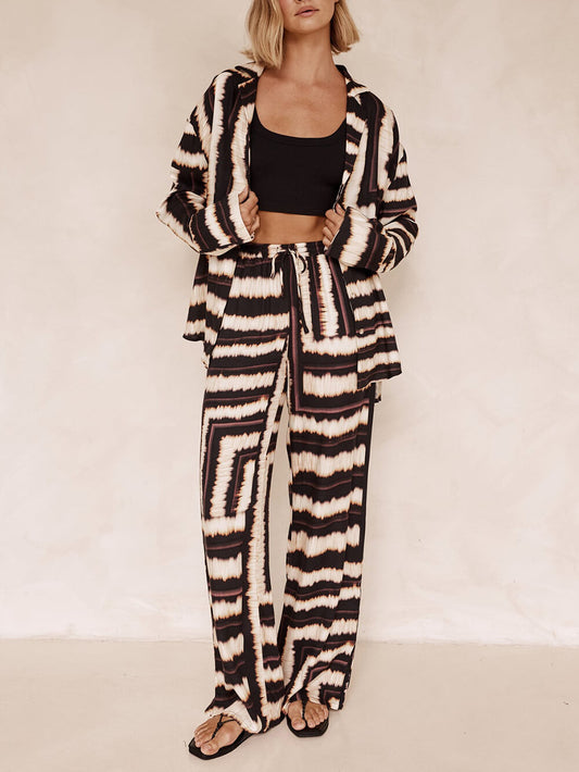 Signature Strip Textured Chocolate Print Loose Shirt Two-Pieces Set