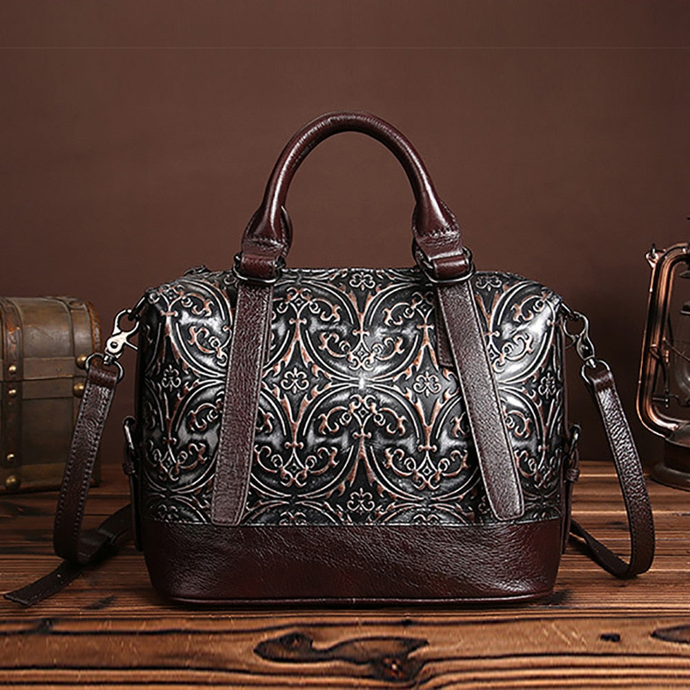 Vintage Genuine Leather Floral Handbang