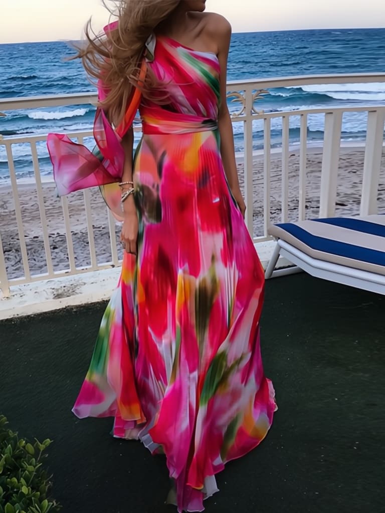 Rainbow Pleated Neck Maxi Dress