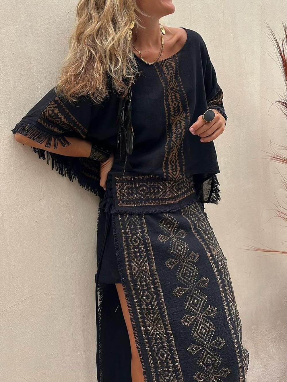 Ethnic Print Tassel Trim Wide Sleeve Loose Sets