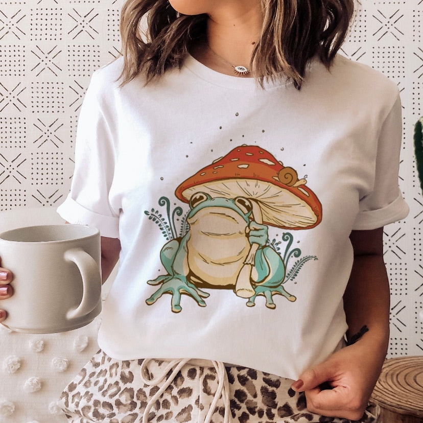 Ladies Mushroon Frog Tshirt Fashion Cartoon Animal Lady Print Tee