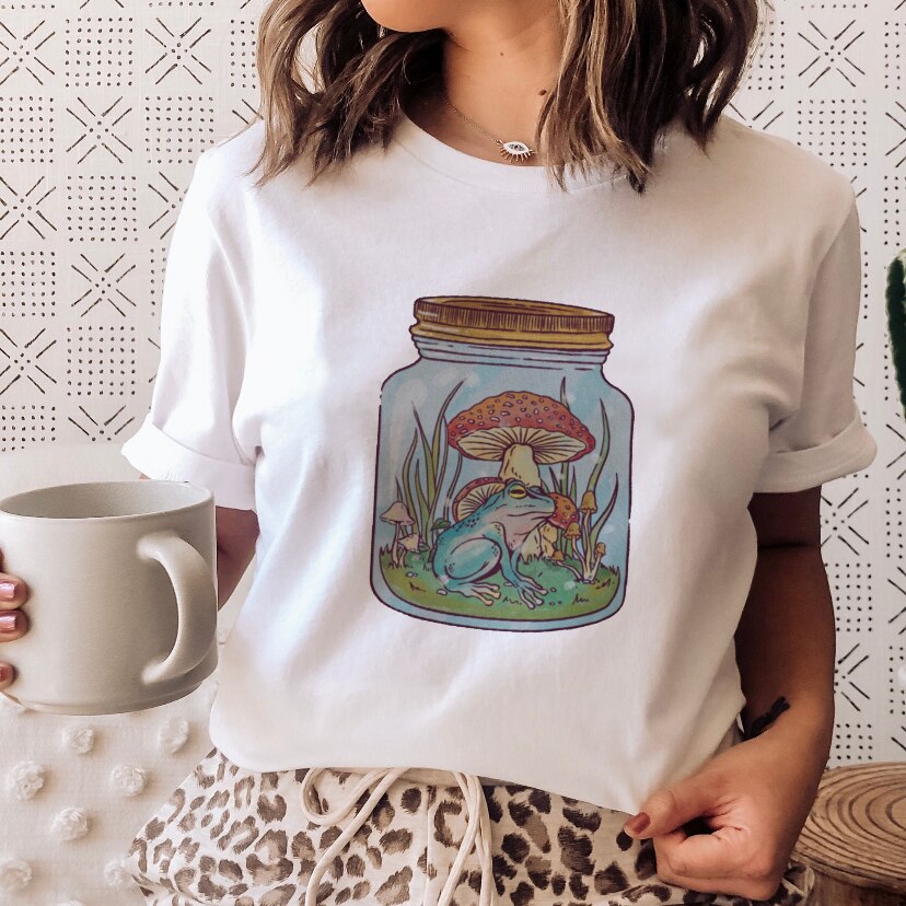 Ladies Mushroon Frog Tshirt Fashion Cartoon Animal Lady Print Tee