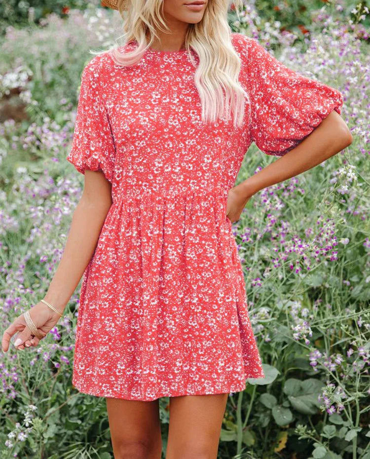 Casual Small Floral Lantern Sleeve for Boho Dress