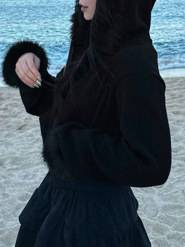 Y2k Black Versatile Solid Color Corduroy Plush Cardigan