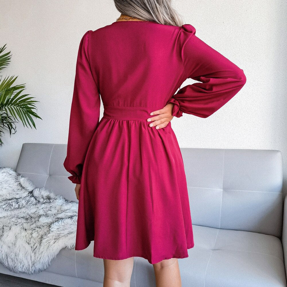 V-Neck Solid Colorl Chiffon Dress