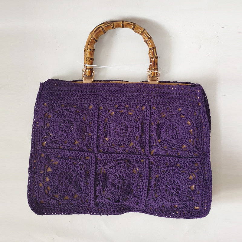 Bamboo Handle Vintage Crochet Knit Tote Bags - 6 Colors