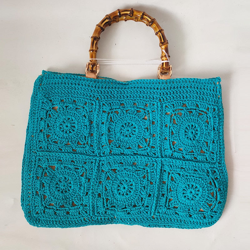 Bamboo Handle Vintage Crochet Knit Tote Bags - 6 Colors