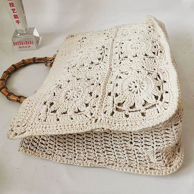 Bamboo Handle Vintage Crochet Knit Tote Bags - 6 Colors