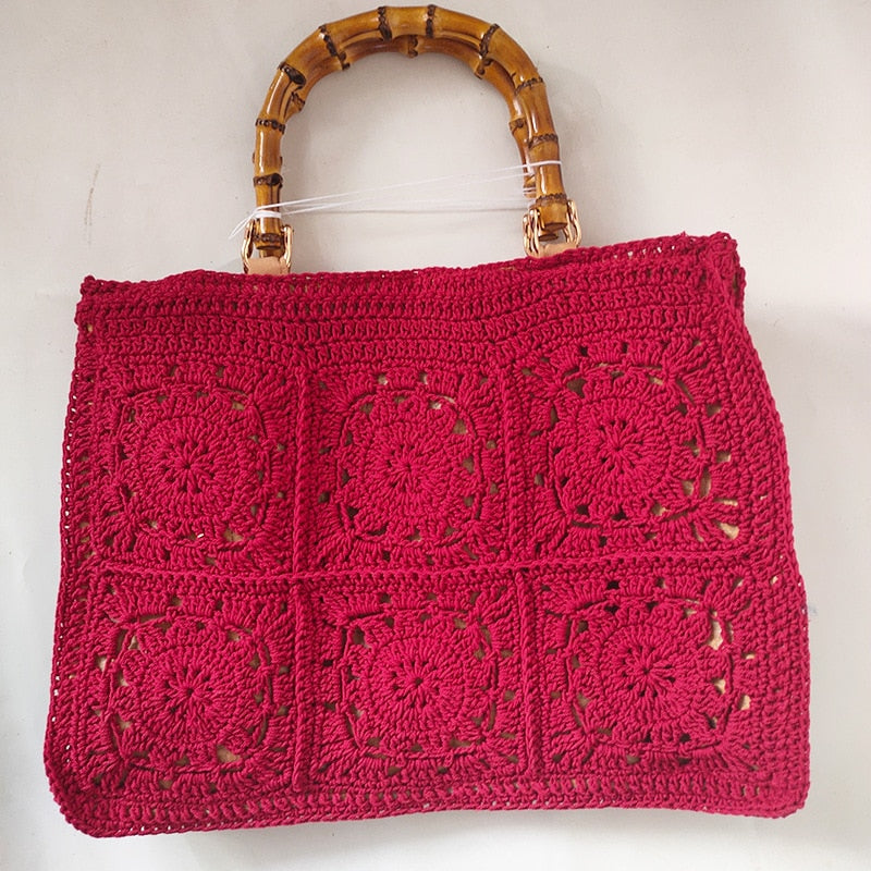 Bamboo Handle Vintage Crochet Knit Tote Bags - 6 Colors
