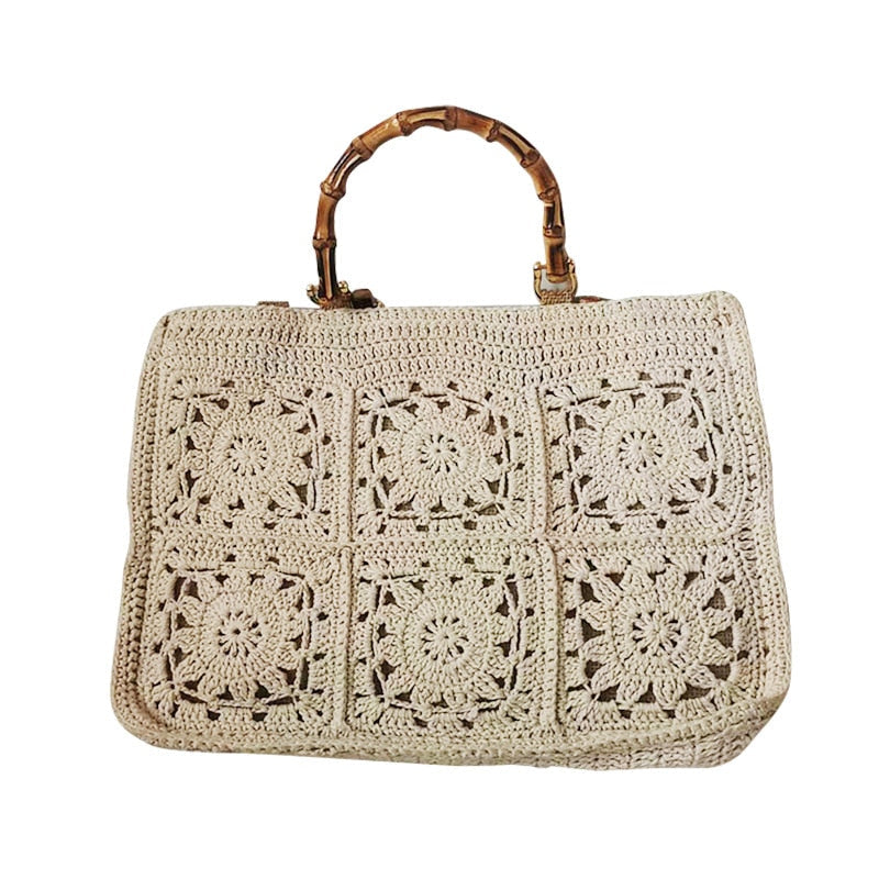 Bamboo Handle Vintage Crochet Knit Tote Bags - 6 Colors