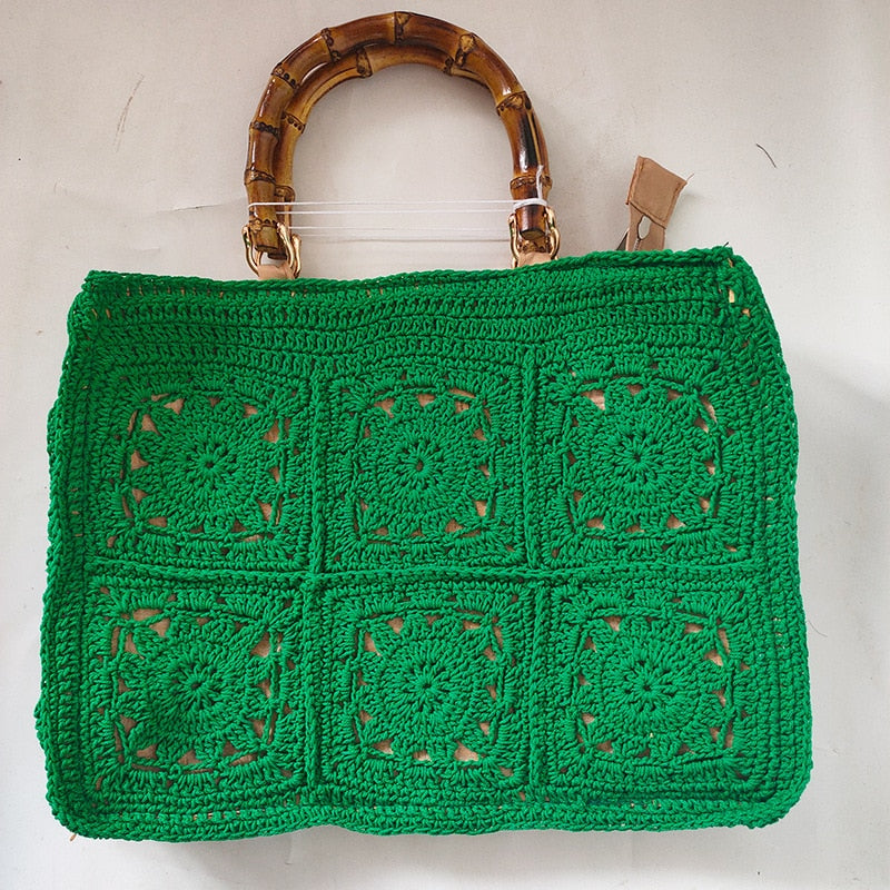 Bamboo Handle Vintage Crochet Knit Tote Bags - 6 Colors