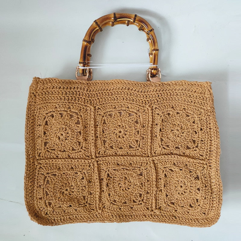 Bamboo Handle Vintage Crochet Knit Tote Bags - 6 Colors