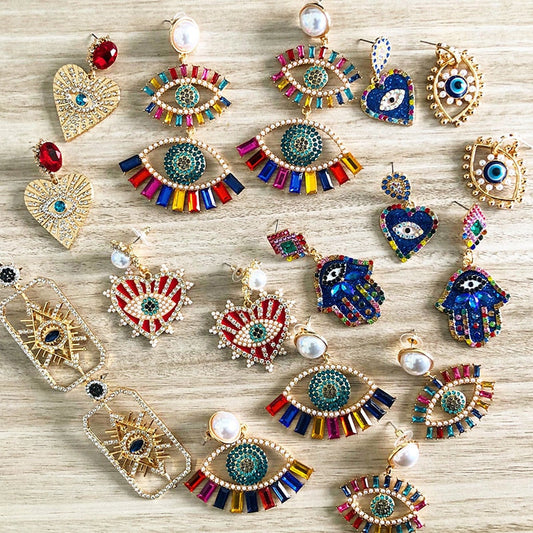 Bejeweled Love Heart Evil Eye Drop Earrings