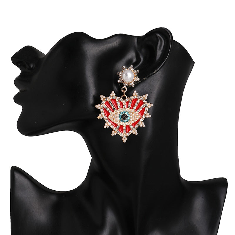 Bejeweled Love Heart Evil Eye Drop Earrings