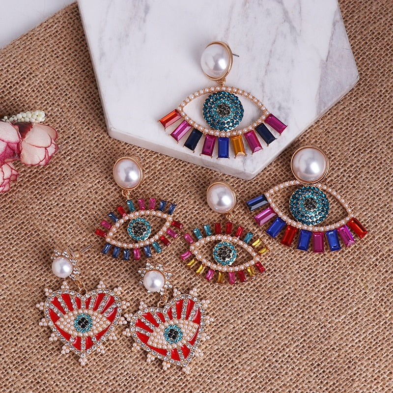 Bejeweled Love Heart Evil Eye Drop Earrings
