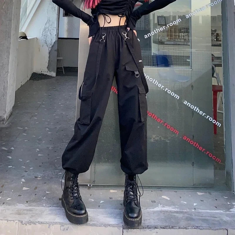 Black Cargo Pants Streetwear Gothic High Waist Techwear Pants