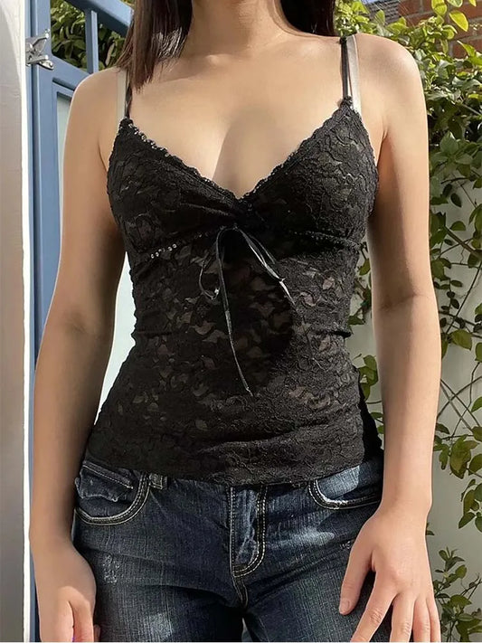 Black See Through Lace Sleeveless V Neck Summer Y2K Aesthetic Gothic Crop Top