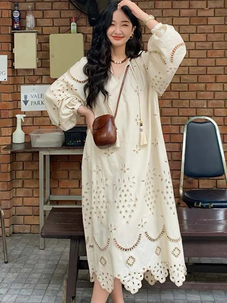 Korean Style Vintage Long Sleeve V-Neck Boho Hollow Out Maxi Dress