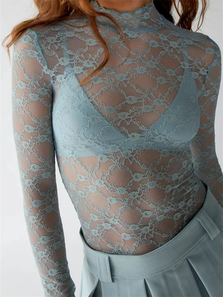 Lace Turtleneck Mesh See Through Fall Club Streetwear T-shirts