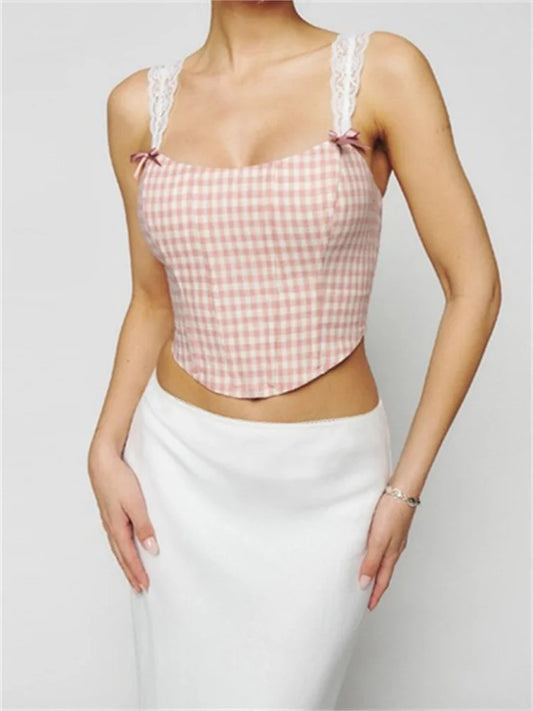 Slim Lace Strap Mini Vest Plaid/Floral Print Exposed Navel Cropped Summer Party Streetwear Crop Top