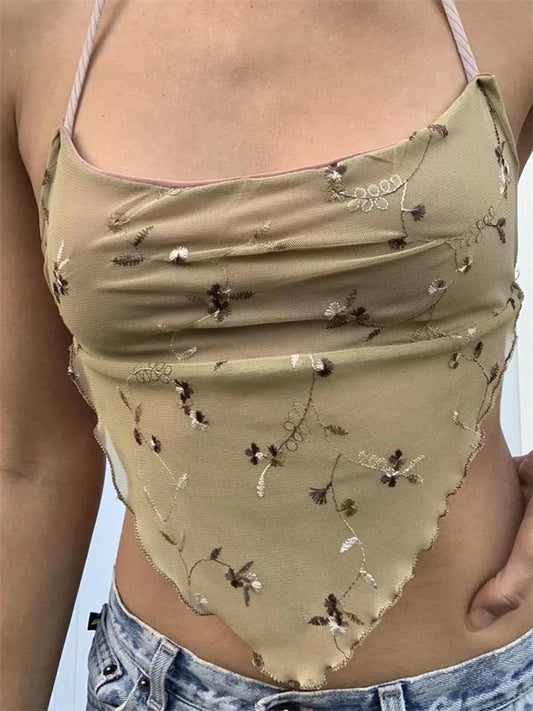 Y2K Backless Floral Retro Halter Tie Up Off Shoulder Summer Cute Mini Vest Streetwear Crop Top