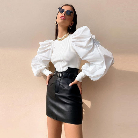 Puff Sleeve Patchwork Slim Top