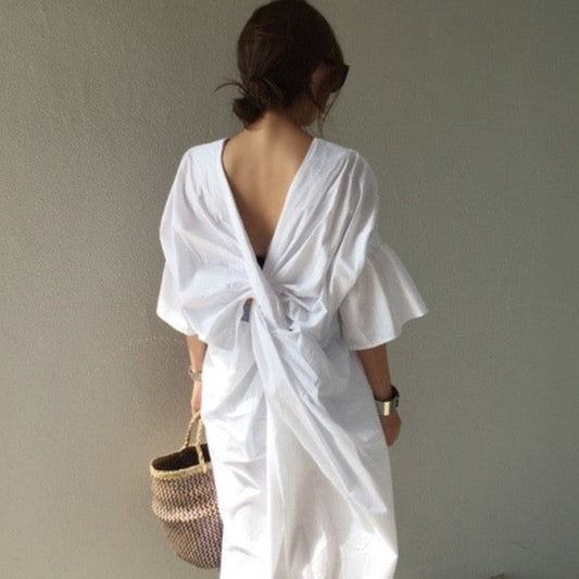 Chic Backless V-neck Dress - Blue or White