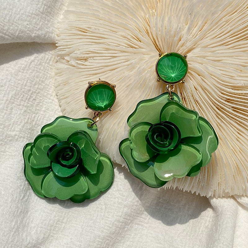 Clear Resin Rose Drop Earrings - 7 Colors