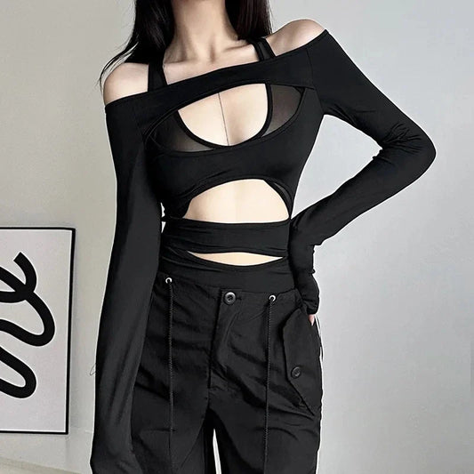 Cyber Punk Hollow Out Mall Gothic Bodycon Mesh Sheer Patchwork Crop Top