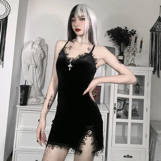 Dark Cross Black Vintage Spaghetti Strap High Waist Slit Party Club Dress