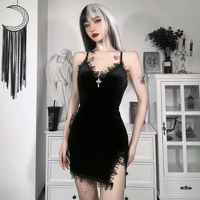 Dark Cross Black Vintage Spaghetti Strap High Waist Slit Party Club Dress