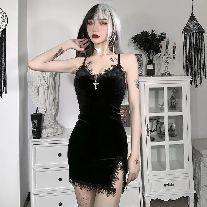 Dark Cross Black Vintage Spaghetti Strap High Waist Slit Party Club Dress