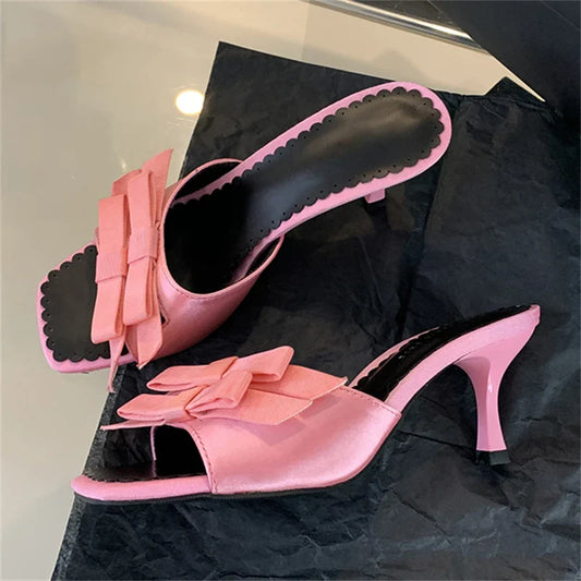 New Arrivals Slipper Fashion Bow-knot Thin Open Toe Slip On Elegant Sandal Mules Slides Shoes Low Heel Pumps