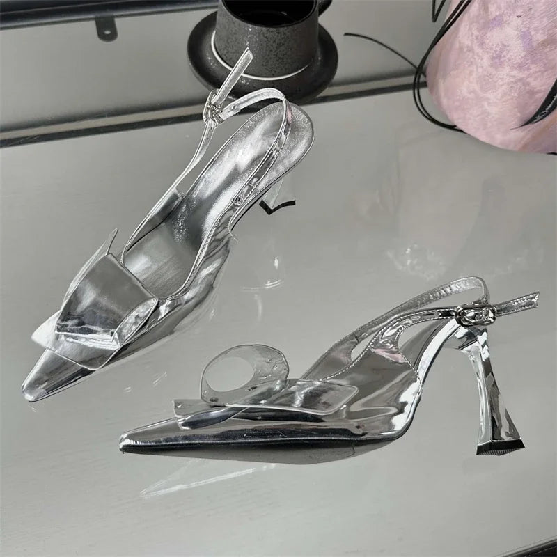 New Design Splicing Rivet Buckle Strap Thin High Pointed Toe Stripper Party Shoes Low Heel Pumps