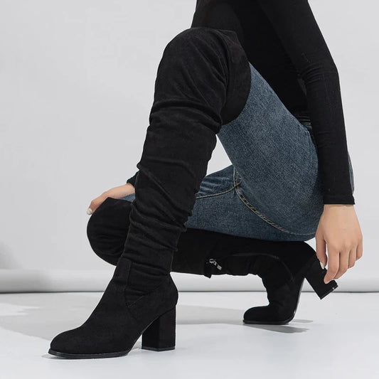 Winter Zipper Flock Square Heel Thigh Long Botas De Mujer Knee High Boots