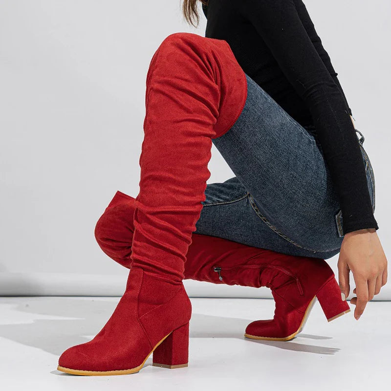 Winter Zipper Flock Square Heel Thigh Long Botas De Mujer Knee High Boots