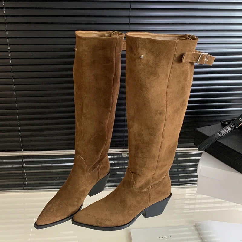 Winter Belt Buckle Pointed Toe Vintage Square Low Heels Knee High Boots