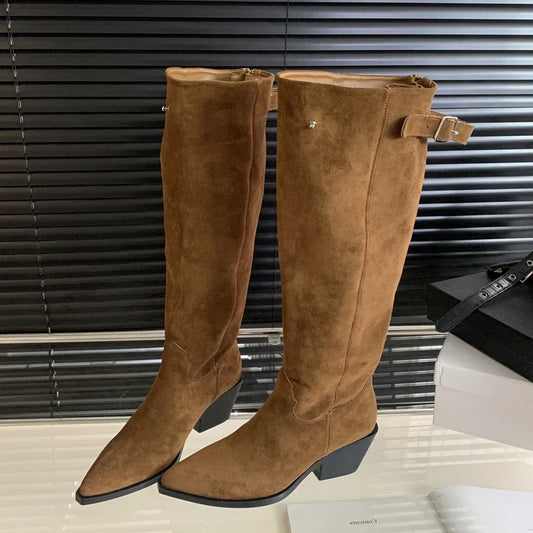 Winter Belt Buckle Pointed Toe Vintage Square Low Heels Knee High Boots