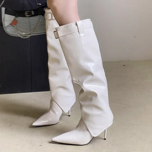 Designer Patent Leather Thin Heels Long Belt Buckle Stripper Knee High Boots