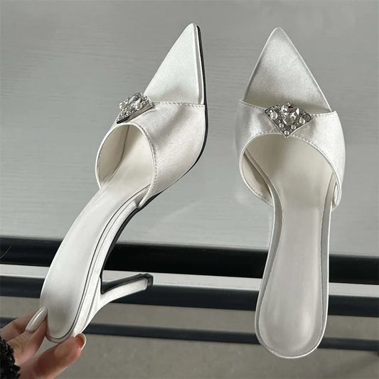 Fashion Diamond Slippers Summer Pointed Toe Ladies Slides Sandals Low Heel Pumps