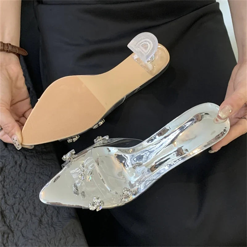 Diamond PVC Transparent Pointed Toe High Slippers Summer Slide Shoes Low Heel Pumps