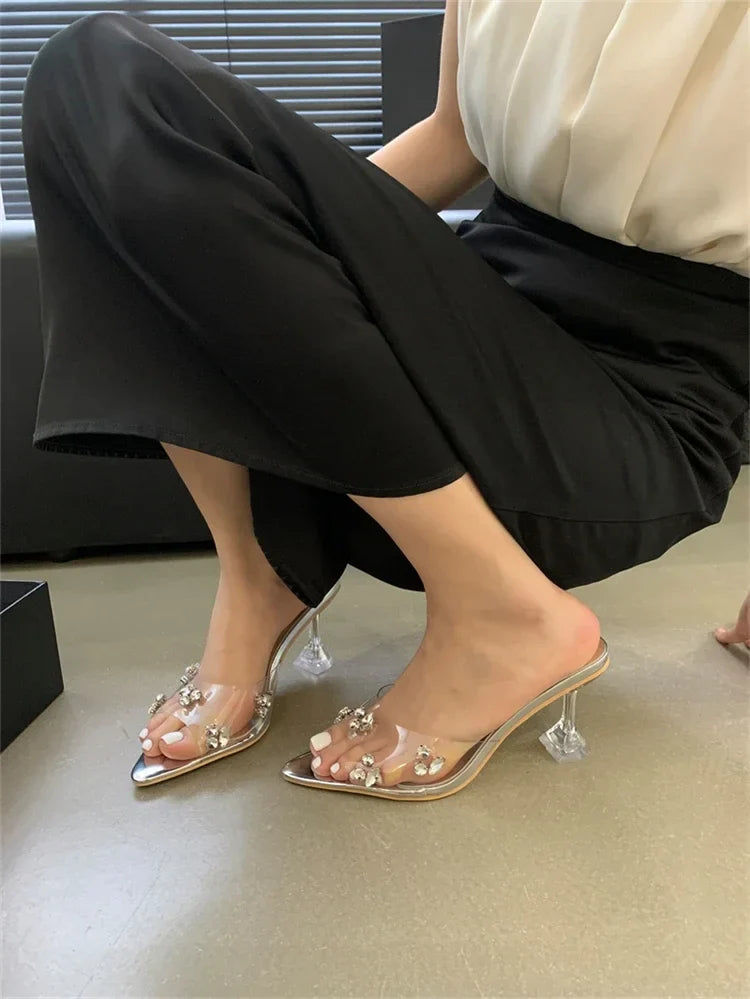 Diamond PVC Transparent Pointed Toe High Slippers Summer Slide Shoes Low Heel Pumps
